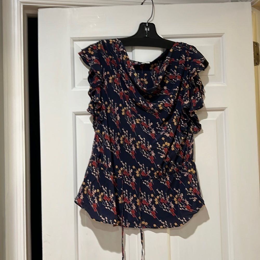 Odille silk floral flutter sleeve top with drawstring waist